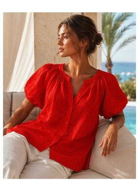 Calypso St Barth Blouse Red
Cotton Eyelet Puff Sleeve 
Boho Coastal size Small